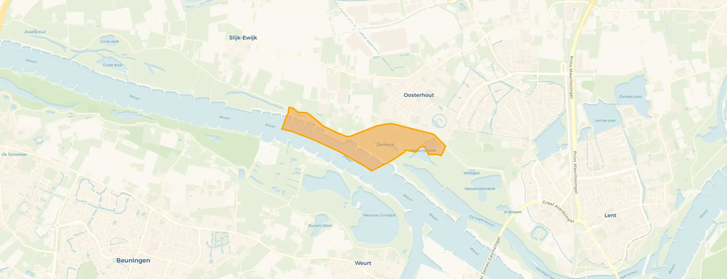 Kaart van Uiterwaarden Oosterhoutsche Waarden