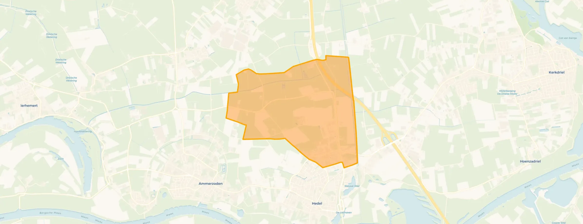 Kaart van Verspreide huizen in de polder Hedel