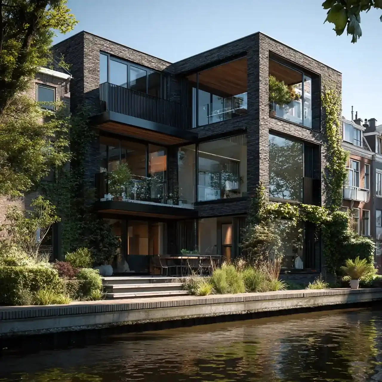 huurwoningen koopwoningen Man in Amsterdam in de zomer op waterverf geschilderd.